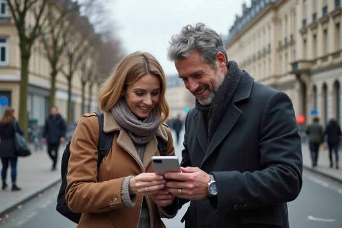 Couple utilisant un smartphone pour naviguer vers Arena Versailles depuis la gare de Versailles Chantiers