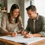 Couple examinant des plans immobiliers sur une table en bois dans un appartement moderne