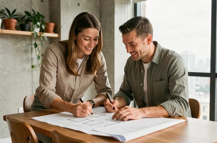 Couple examinant des plans immobiliers sur une table en bois dans un appartement moderne