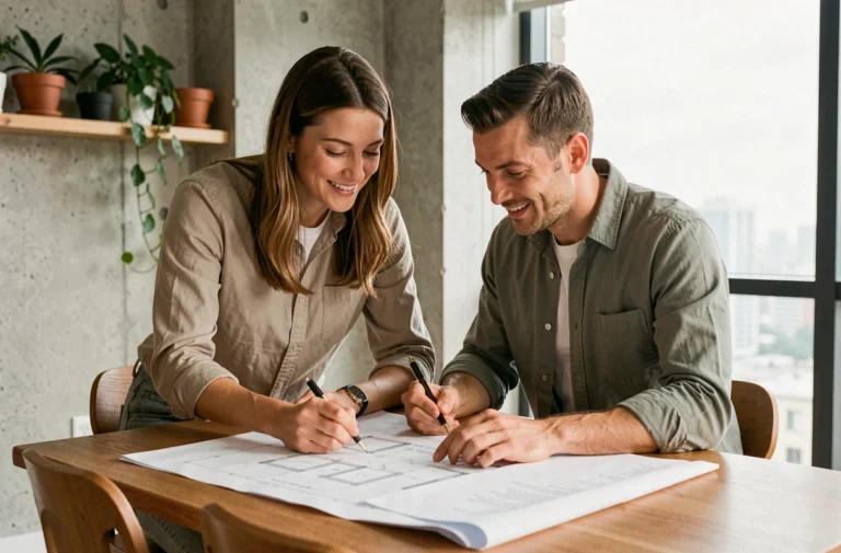 Couple examinant des plans immobiliers sur une table en bois dans un appartement moderne