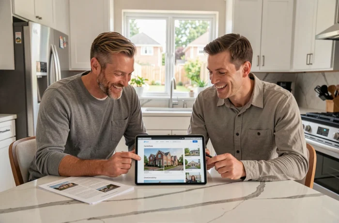 Couple recherchant des annonces immobilières ensemble sur une tablette dans une cuisine moderne