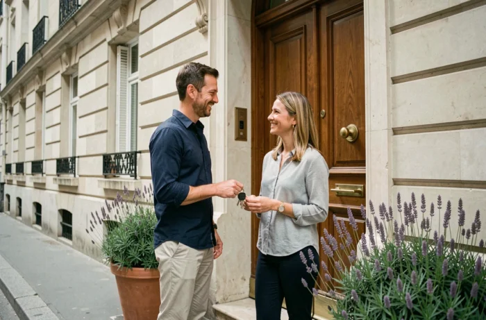 Couple tenant des clés devant l'entrée d'un immeuble résidentiel lors de la remise des clés d'un appartement loué