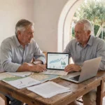 Couple de retraités expatriés planifiant leur retraite internationale autour d'une table avec cartes et documents financiers dans une villa méditerranéenne