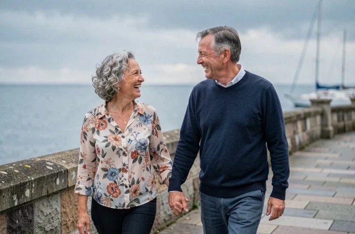 Couple de seniors se promenant main dans la main sur une promenade en bord de mer, illustrant le bien-être et le bonheur après 60 ans