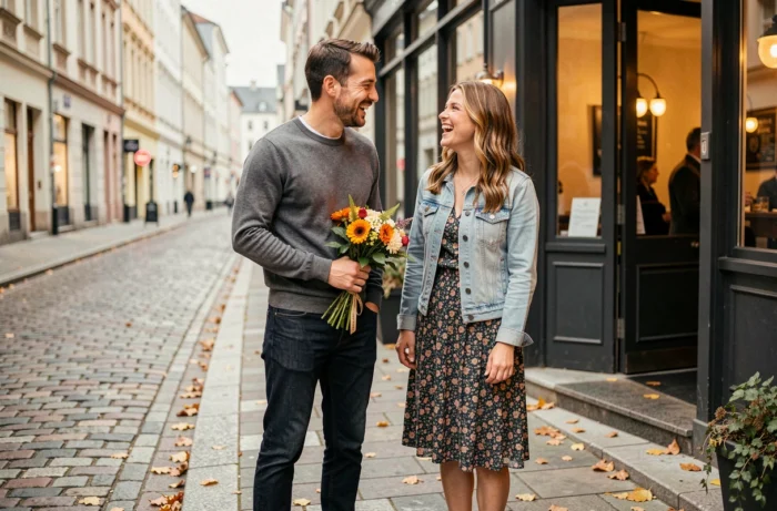 Couple souriant devant un restaurant lors de leur troisième rendez-vous romantique dans une rue pavée de ville européenne