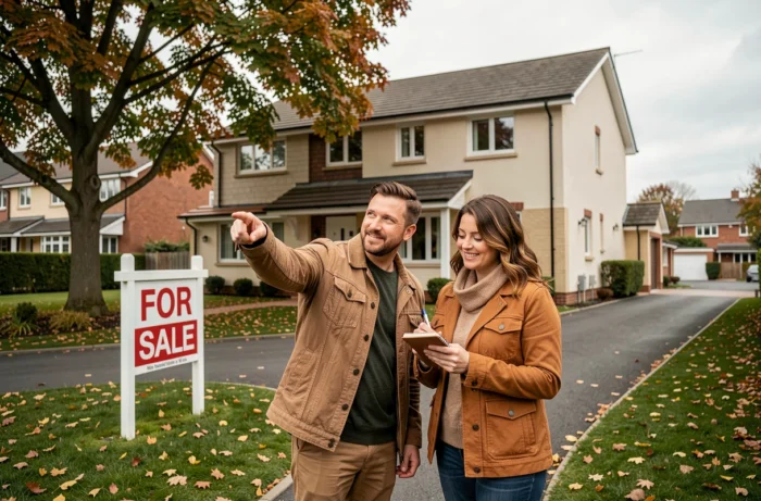Couple visitant une maison individuelle à vendre dans un quartier résidentiel en automne