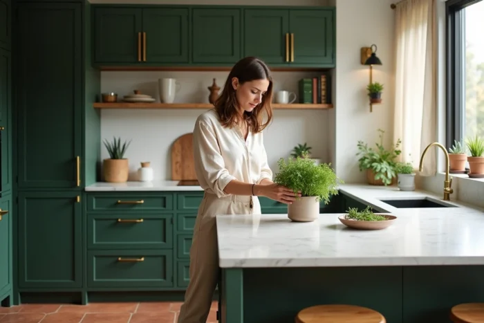 Cuisine moderne tendance avec façades vert foncé, plan de travail en marbre et femme arrangeant des herbes fraîches