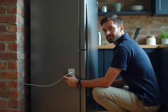 Homme débranchant un réfrigérateur Haier de la prise électrique pour effectuer une réinitialisation manuelle