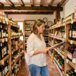 Femme découvrant les produits locaux dans une venta traditionnelle à Dancharia, avec des étagères en bois garnies de spécialités espagnoles