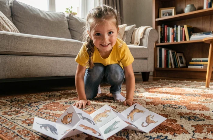 Petite fille imitant un animal à quatre pattes devant une cocotte en papier ouverte