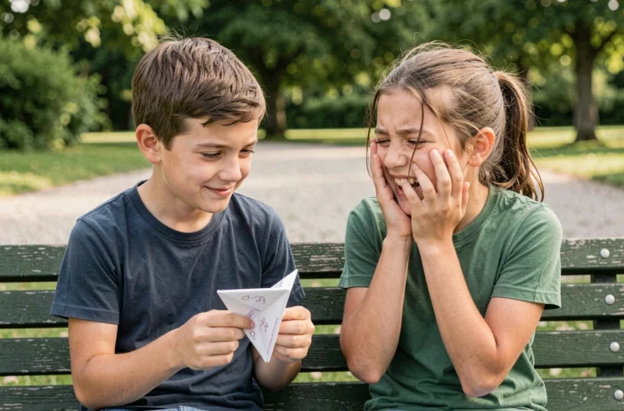 Deux enfants sur un banc de parc jouant avec une cocotte en papier lors d'un défi question