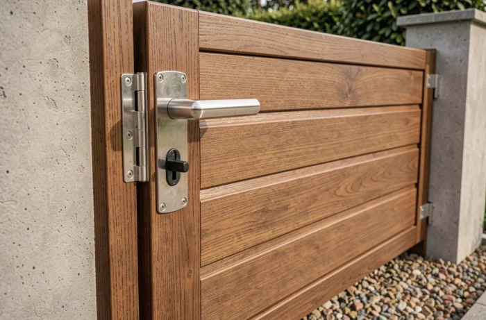 Détail du portillon intégré dans un portail en bois composite avec poignée en acier inoxydable et serrure encastrée