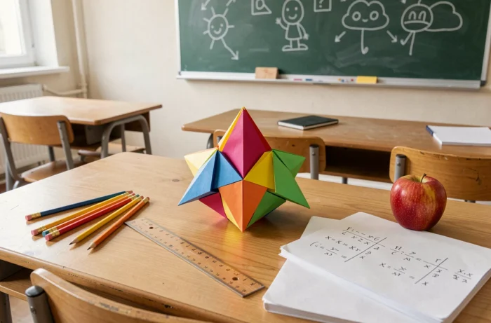 Cocotte en papier ouverte sur un bureau d'école entourée de fournitures scolaires