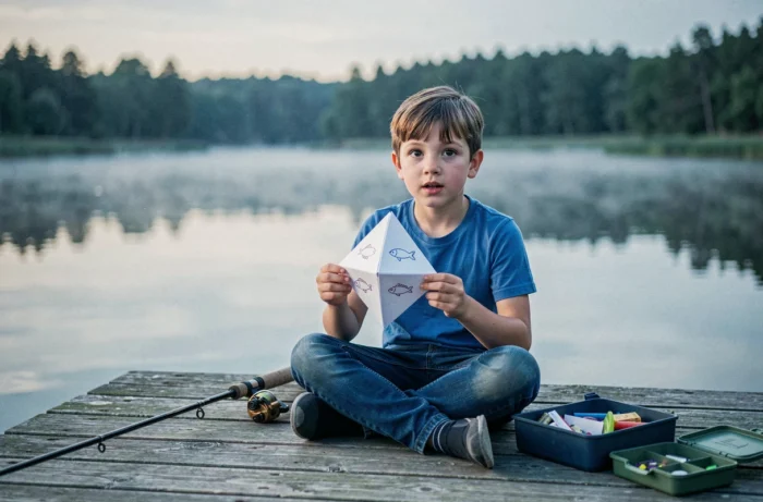 Enfant assis au bord d'un lac tenant une cocotte en papier avec un dessin de poisson