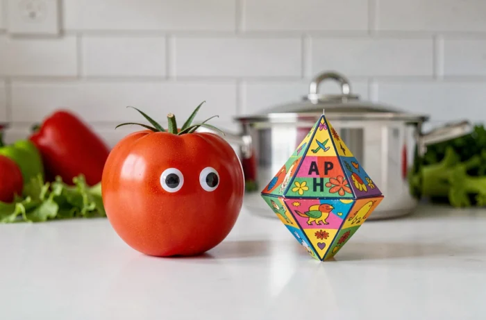 Tomate avec des yeux rigolos posée à côté d'une cocotte en papier sur un comptoir de cuisine
