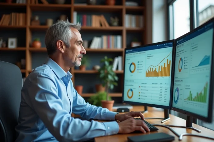 Dirigeant d'entreprise consultant des tableaux de bord de performance et indicateurs de croissance