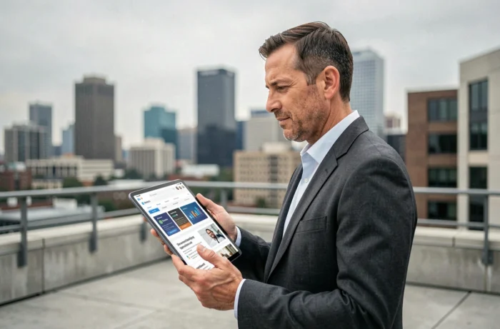 Chef d'entreprise consultant une interface de campagne digitale sur une tablette en terrasse urbaine