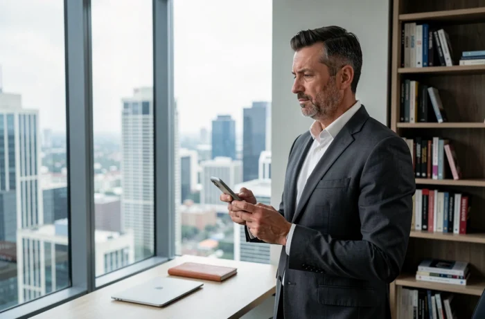 Homme d'affaires contemplatif devant une grande fenêtre de bureau avec vue panoramique sur la ville