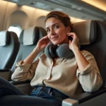 Femme souffrant de douleurs aux oreilles dans un avion, tenant son oreille avec une expression inconfortable, illustrant les troubles de l'hydrops et la maladie de Ménière en vol