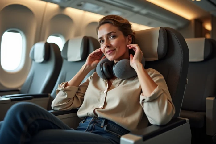 Femme souffrant de douleurs aux oreilles dans un avion, tenant son oreille avec une expression inconfortable, illustrant les troubles de l'hydrops et la maladie de Ménière en vol