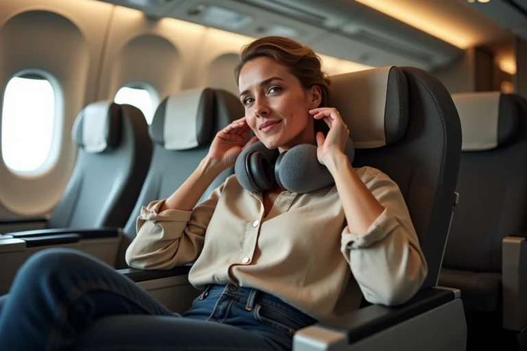 Femme souffrant de douleurs aux oreilles dans un avion, tenant son oreille avec une expression inconfortable, illustrant les troubles de l'hydrops et la maladie de Ménière en vol