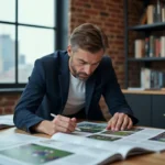 Éditeur d'un magazine culturel passant en revue des photos de football étalées sur son bureau dans une rédaction moderne