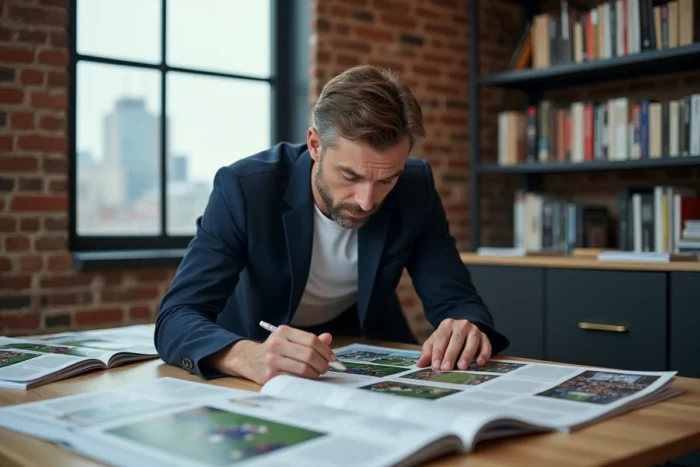 Éditeur d'un magazine culturel passant en revue des photos de football étalées sur son bureau dans une rédaction moderne