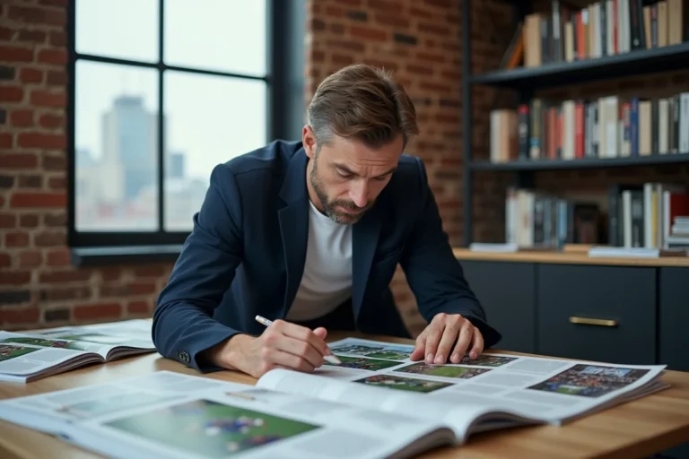 Éditeur d'un magazine culturel passant en revue des photos de football étalées sur son bureau dans une rédaction moderne