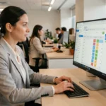 Une employée consulte un extranet salarié sur un écran d'ordinateur pour optimiser la gestion des plannings en entreprise