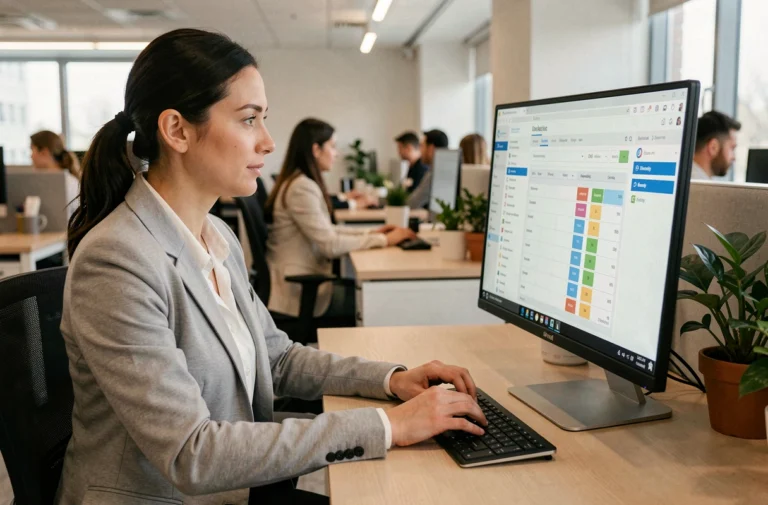Une employée consulte un extranet salarié sur un écran d'ordinateur pour optimiser la gestion des plannings en entreprise