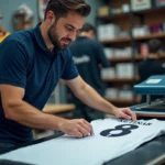 Employé Intersport appliquant un flocage sur un maillot de football avec une presse thermique professionnelle en arrière-boutique
