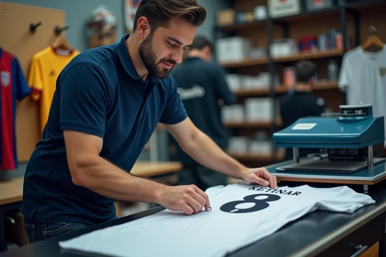 Employé Intersport appliquant un flocage sur un maillot de football avec une presse thermique professionnelle en arrière-boutique