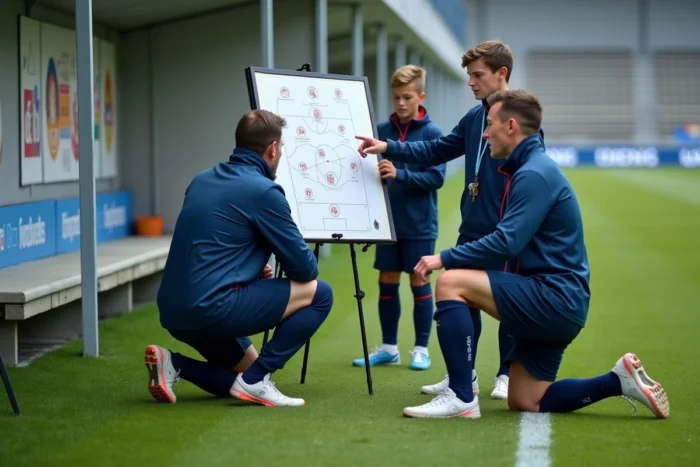 Entraîneur de football expliquant une tactique à des jeunes joueurs en bord de terrain dans un complexe sportif régional français