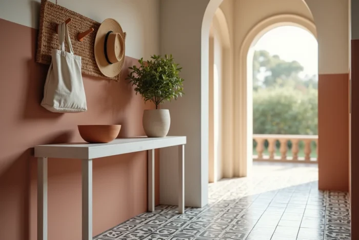 Entrée de maison moderne avec console en chêne, carreaux de ciment géométriques et décoration en rotin tendance