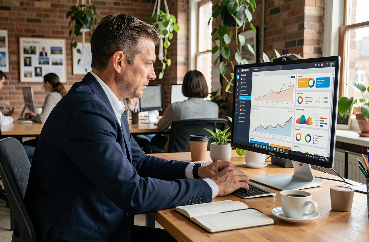 Entrepreneur analysant des tableaux de bord de données et tendances commerciales sur un écran dans un espace de coworking