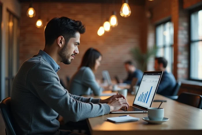 Entrepreneur concentré travaillant sur un tableau de bord analytique business dans un espace de co-working moderne et inspirant