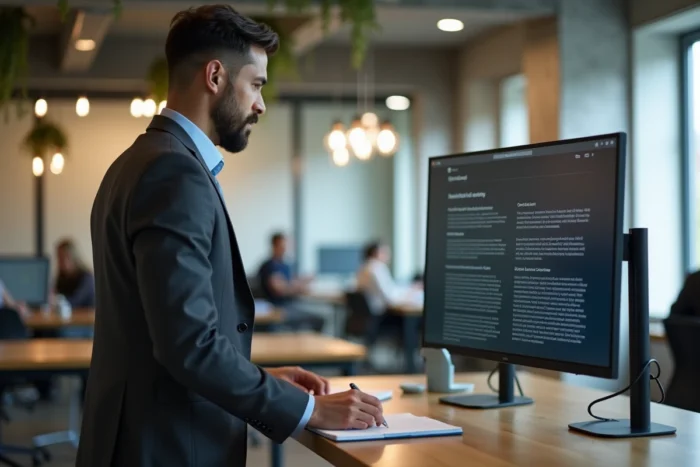 Entrepreneur masculin accédant à des ressources juridiques en ligne dans un espace de coworking européen