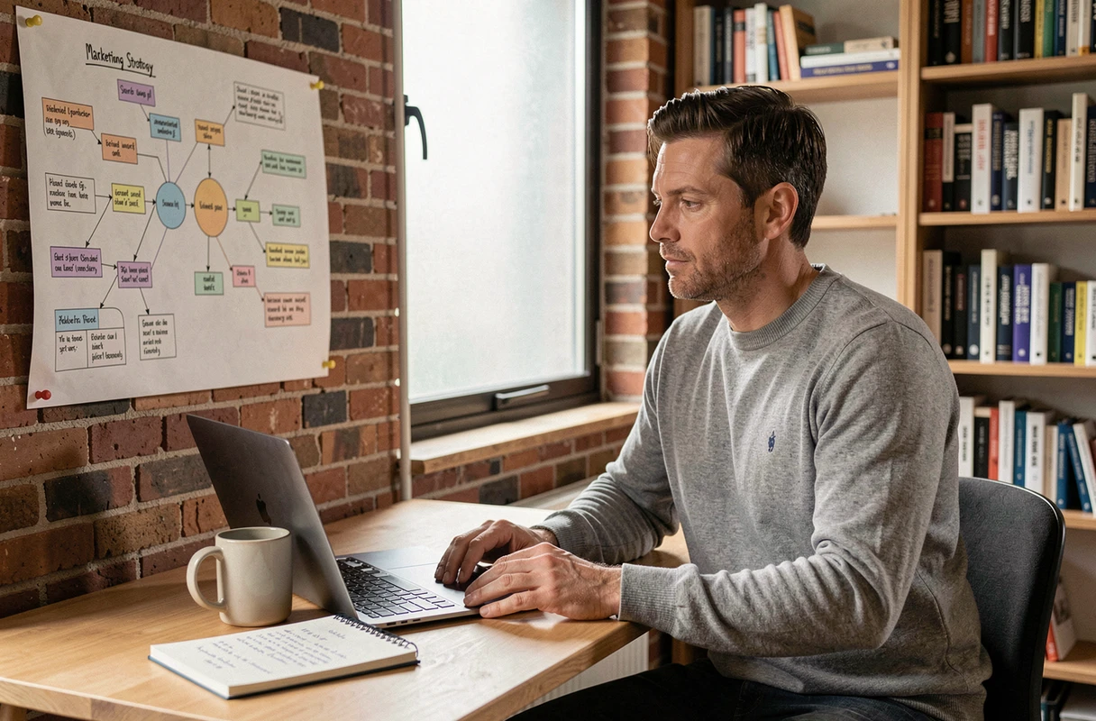 Entrepreneur concentré analysant une feuille de route de stratégie marketing dans un bureau à domicile