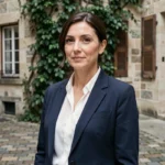 Portrait d'une femme élégante et discrète dans une cour parisienne en pierre, illustrant le parcours discret de l'épouse d'un homme politique français
