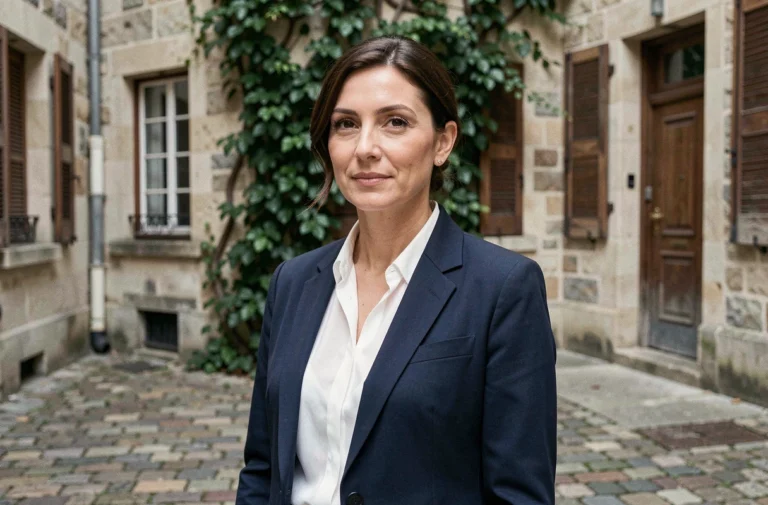 Portrait d'une femme élégante et discrète dans une cour parisienne en pierre, illustrant le parcours discret de l'épouse d'un homme politique français