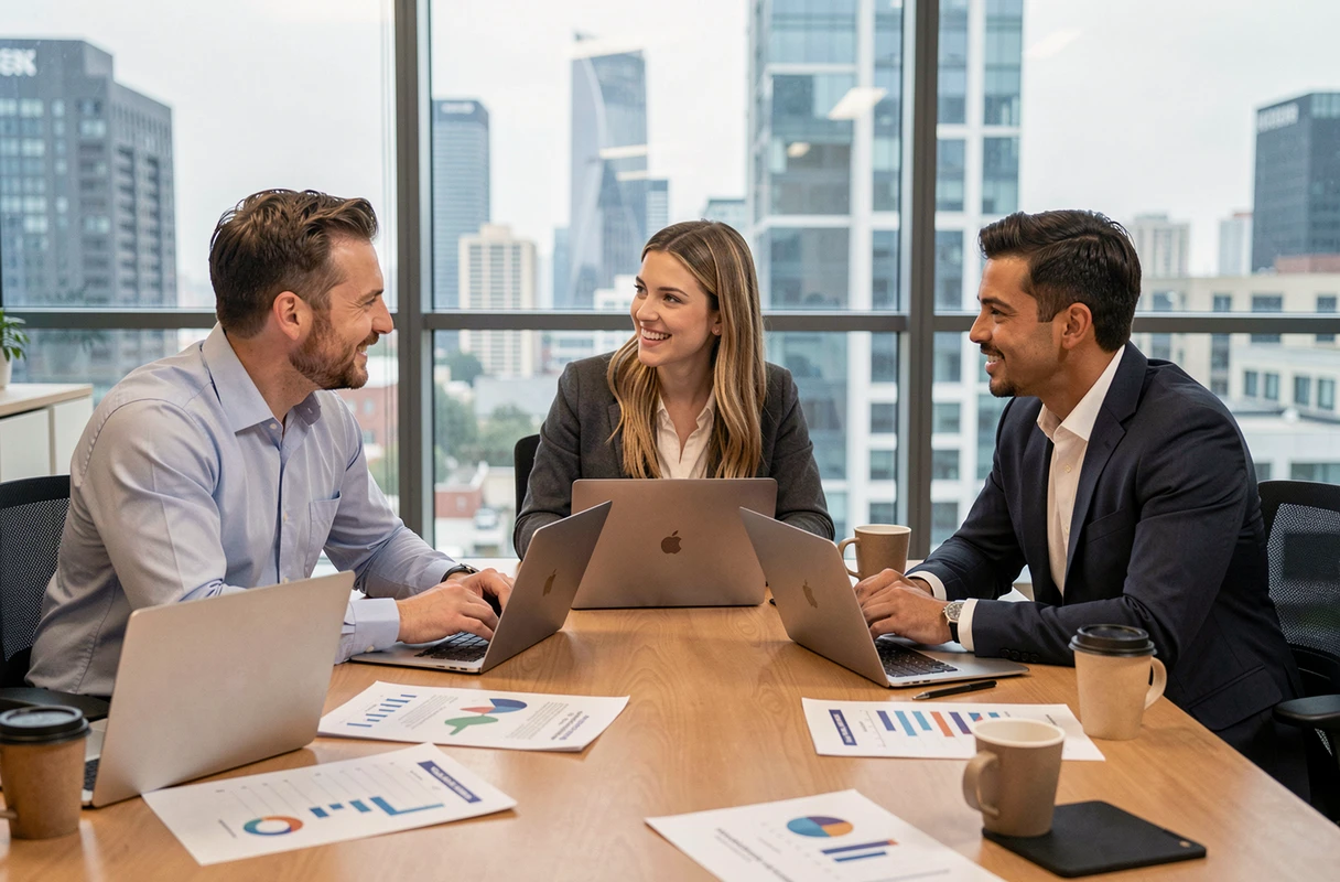 Équipe de professionnels analysant des données marketing autour d'une table de réunion en espace de coworking