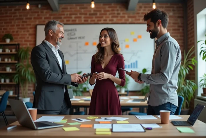 Équipe professionnelle collaborant autour d'une stratégie de croissance d'entreprise sur tableau blanc