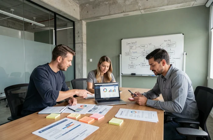 Équipe marketing collaborant autour d'une table de réunion sur une stratégie digitale d'entreprise