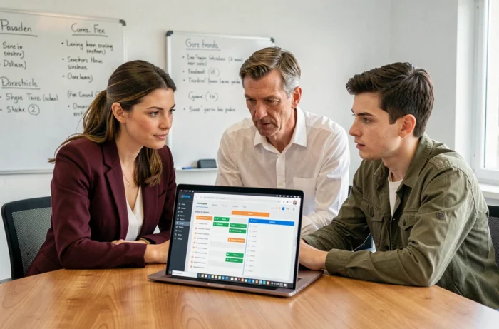 Une équipe de professionnels analyse ensemble un extranet salarié pour optimiser la gestion collaborative des plannings