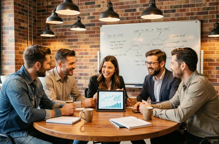 Équipe de professionnels en réunion de stratégie collaborative dans un espace de travail moderne