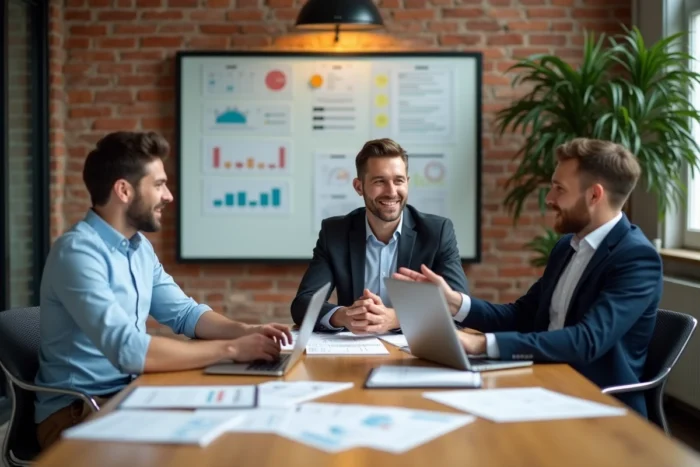 Équipe de professionnels en réunion stratégique autour d'une table de conférence discutant des actualités et tendances business
