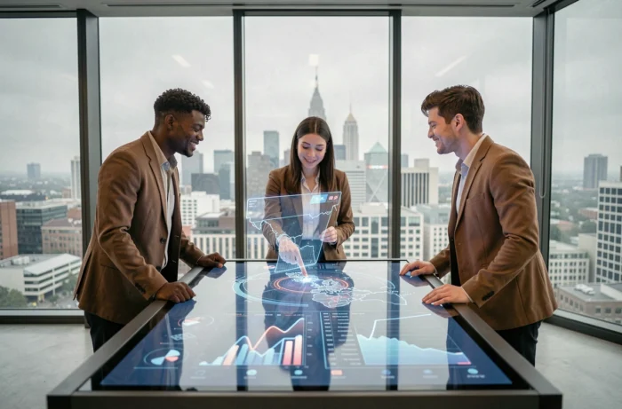 Équipe de professionnels analysant des données de ville intelligente sur une table tactile interactive