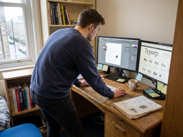 Étudiant en design graphique travaillant depuis son appartement sur deux écrans avec logiciel de vectorisation et carnets de typographie
