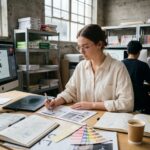 Étudiante en design graphique travaillant sur un projet de branding dans un studio universitaire moderne avec tablette graphique et maquettes imprimées