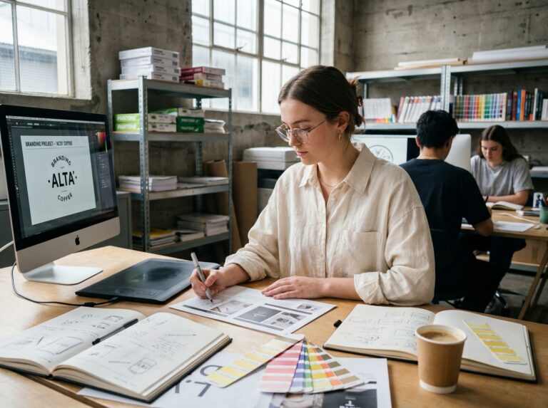 Étudiante en design graphique travaillant sur un projet de branding dans un studio universitaire moderne avec tablette graphique et maquettes imprimées